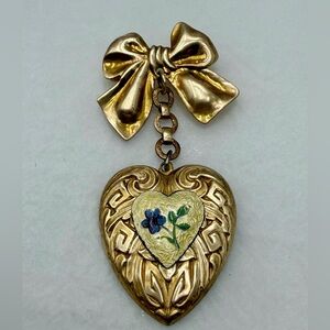 Vintage Guilloche Gold Heart Pendant with Bow